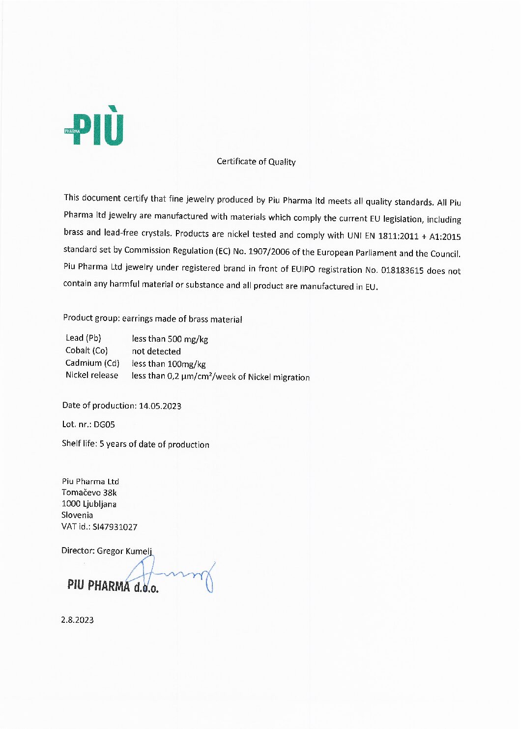 Сертифікат якості виробника